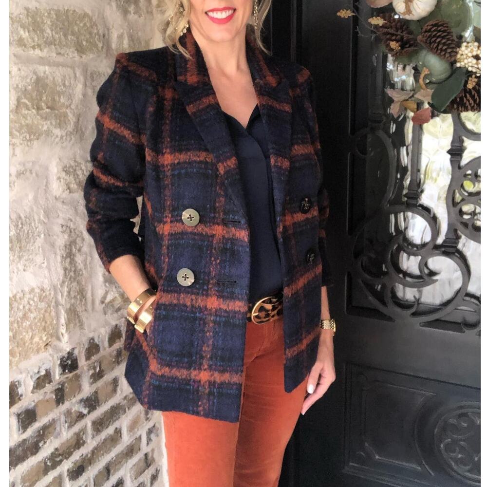 CABI Checkmate Plaid Double Breasted Blazer Navy Blue Orange Sz S $200 {65}